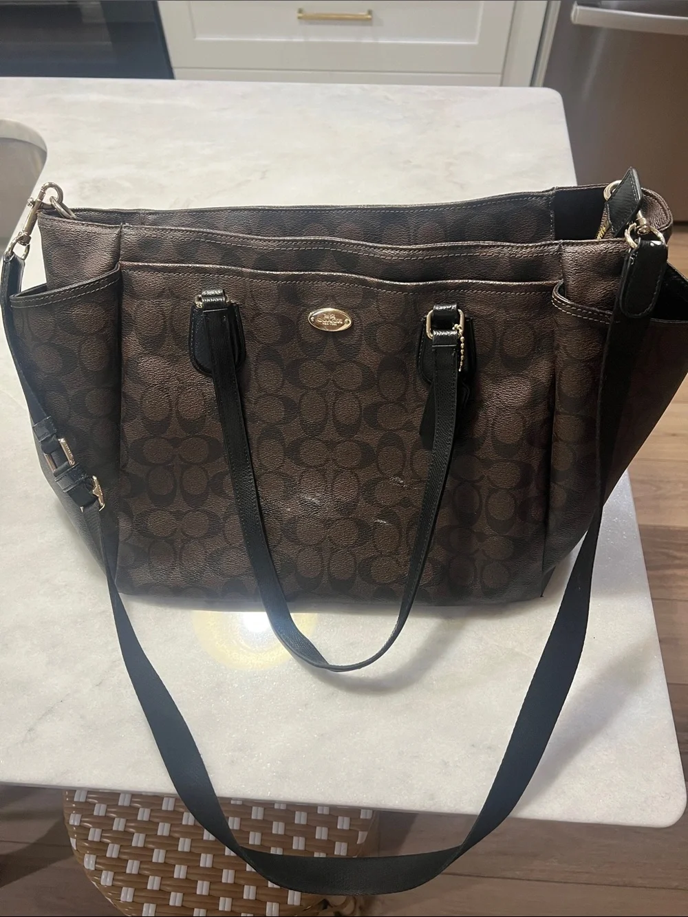 Coach Brown Signature Tote with Black Straps and Gold Hardware